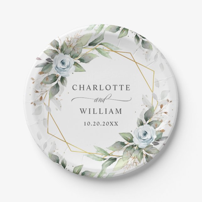Elegant Dusty Blue Floral Greenery Wedding Paper Plate (Front)