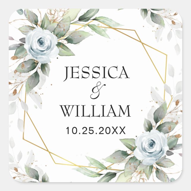 Elegant Dusty Blue Floral Greenery Wedding Square Sticker (Front)