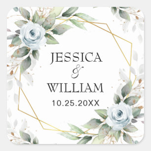 Elegant Dusty Blue Floral Greenery Wedding Square Sticker