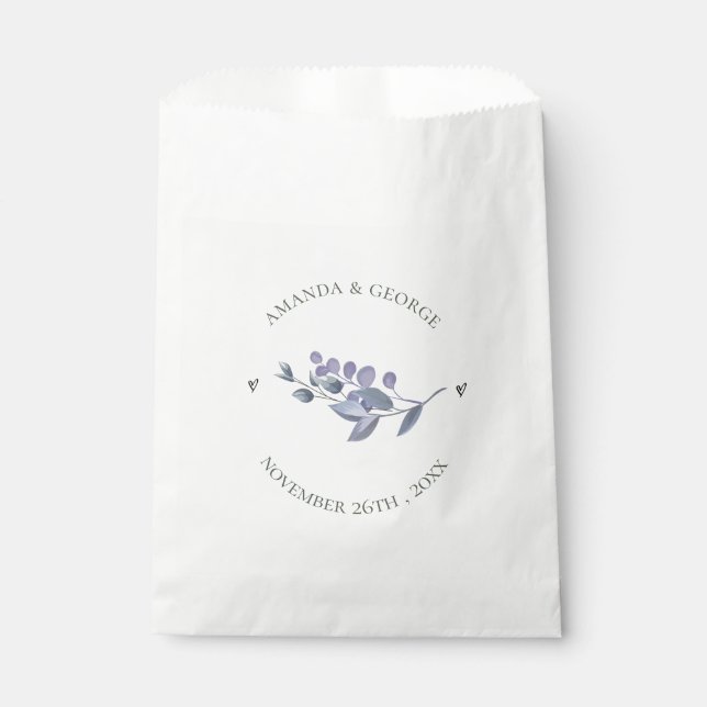 Elegant Dusty Blue Floral Heart Wedding Favour Bags (Front)