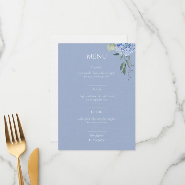 Elegant Dusty Blue Floral Hydrangea Wedding Menu (Front/Back In Situ)