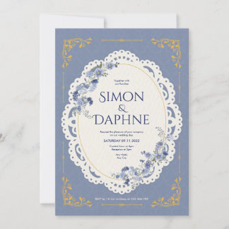 Elegant Dusty Blue Floral Lace Wedding Invitation