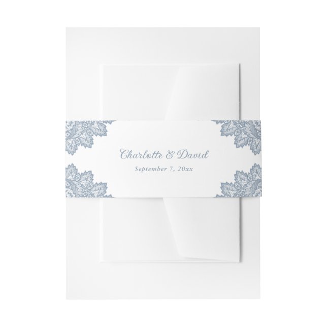 Elegant Dusty Blue Floral Lace Wedding Invitation Belly Band (Front Example)