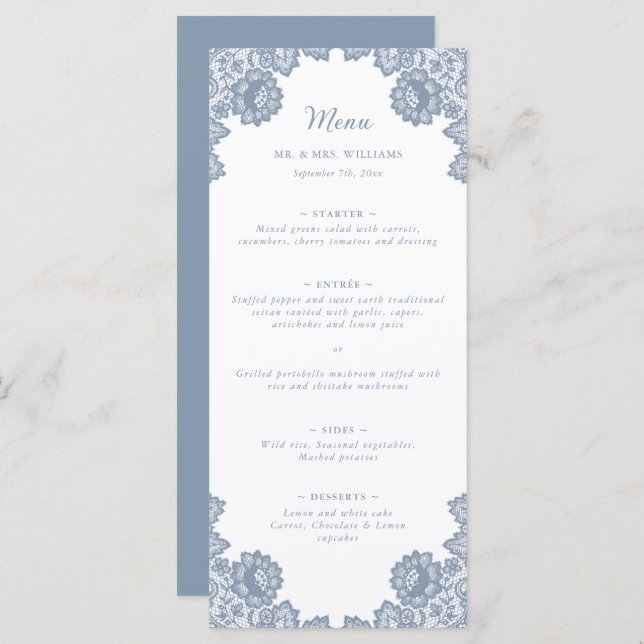 Elegant Dusty Blue Floral Lace Wedding Menu (Front/Back)
