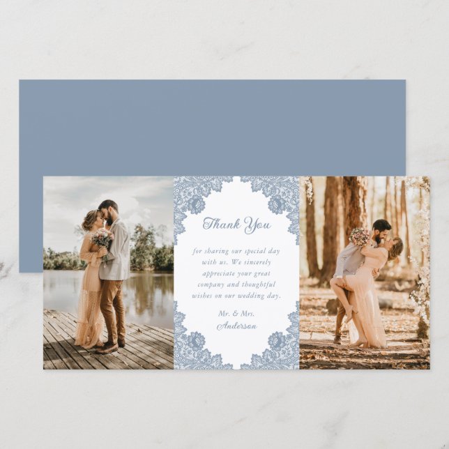Elegant Dusty Blue Floral Lace Wedding Photo Thank You Card (Front/Back)