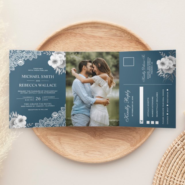 Elegant Dusty Blue Floral Lace Wedding Photo Tri-Fold Invitation (Creator Uploaded)
