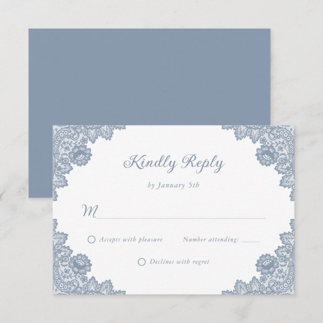Elegant Dusty Blue Floral Lace Wedding RSVP Card (Front/Back)