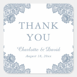 Elegant Dusty Blue Floral Lace Wedding Thank You Square Sticker