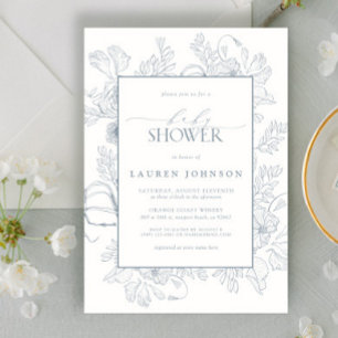 Elegant Dusty Blue Floral Line Art Baby Shower Invitation