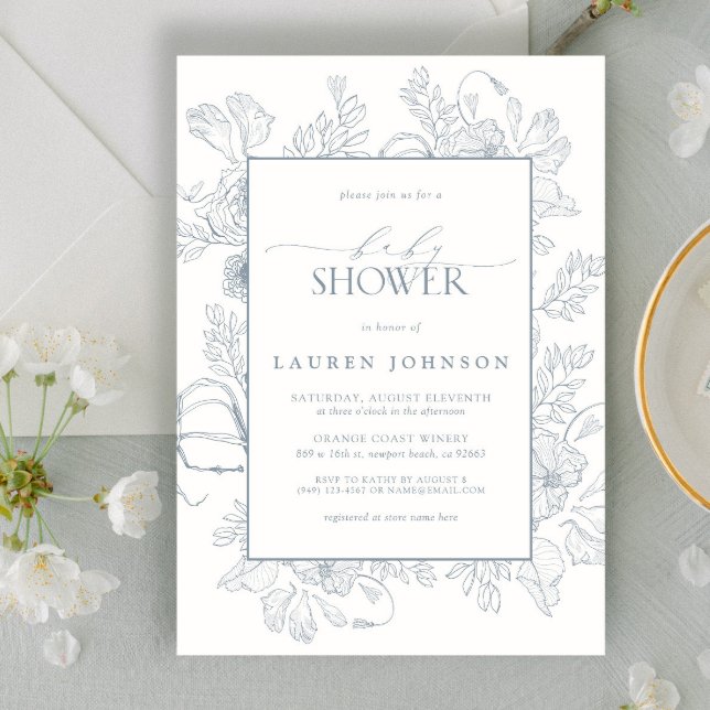 Elegant Dusty Blue Floral Line Art Baby Shower Invitation (Creator Uploaded)