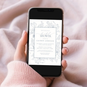 Elegant Dusty Blue Floral Line Art Bridal Shower Invitation
