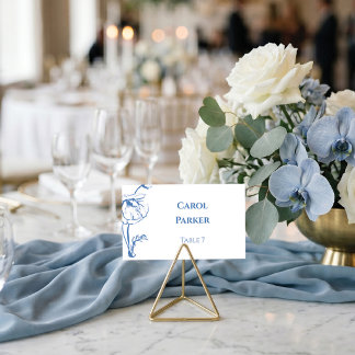 Elegant Dusty Blue Floral Line Art Flat Wedding Place Card
