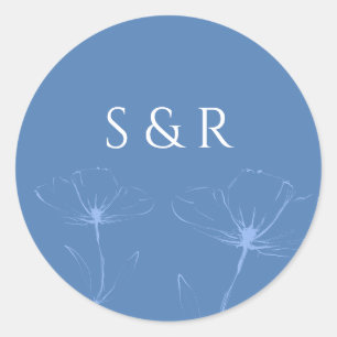 Elegant Dusty Blue Floral Line Art Monogram Round  Classic Round Sticker