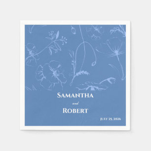 Elegant Dusty BLue Floral Line Art Paper Napkin