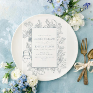 Elegant Dusty Blue Floral Line Art Wedding Acrylic Invitations