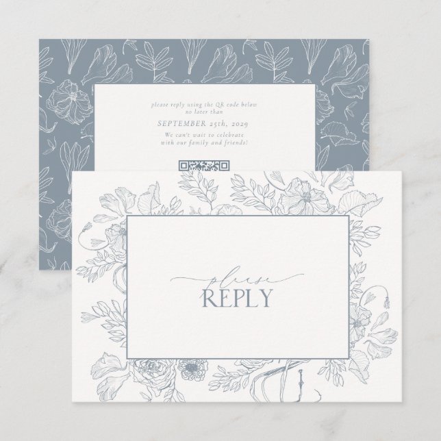 Elegant Dusty Blue Floral Line Art Wedding QR Code RSVP Card (Front/Back)
