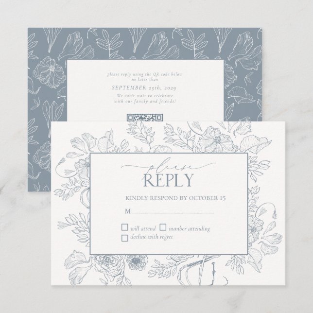 Elegant Dusty Blue Floral Line Art Wedding RSVP Card (Front/Back)