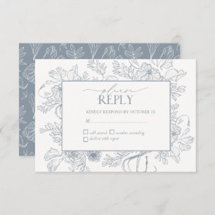 Elegant Dusty Blue Floral Line Art Wedding RSVP Card