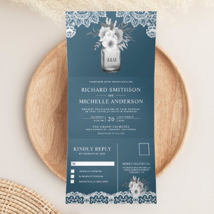 Elegant Dusty Blue Floral Mason Jar Lace Wedding Tri-Fold Invitation
