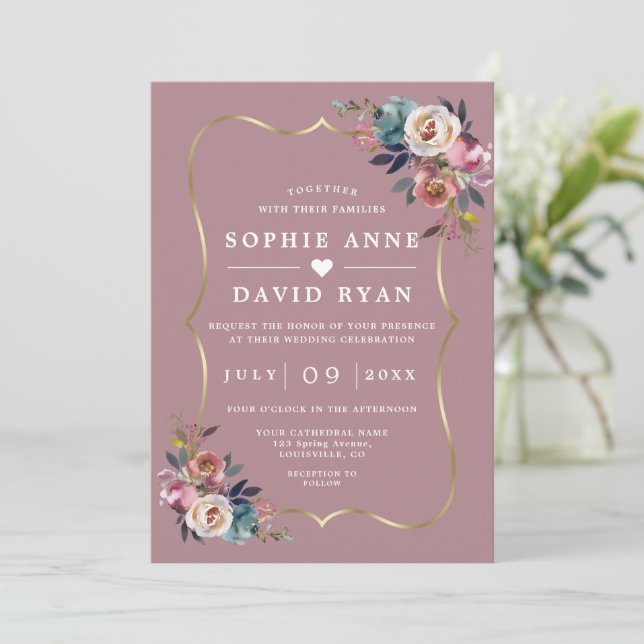 Elegant Dusty Blue Floral Misty Rose Gold Wedding  Invitation (Standing Front)