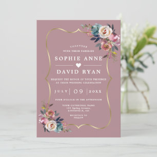 Elegant Dusty Blue Floral Misty Rose Gold Wedding  Invitation