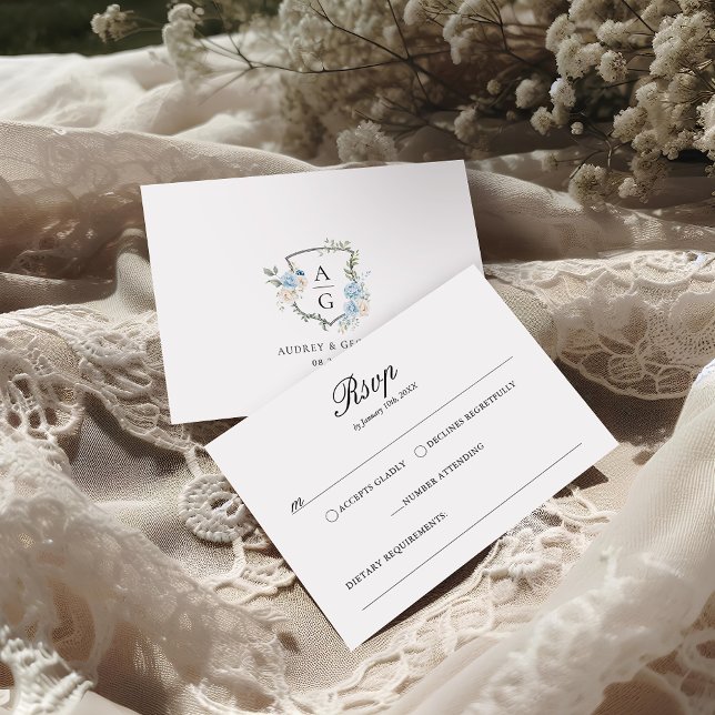 Elegant Dusty Blue Floral Monogram Crest  RSVP Card (Creator Uploaded)