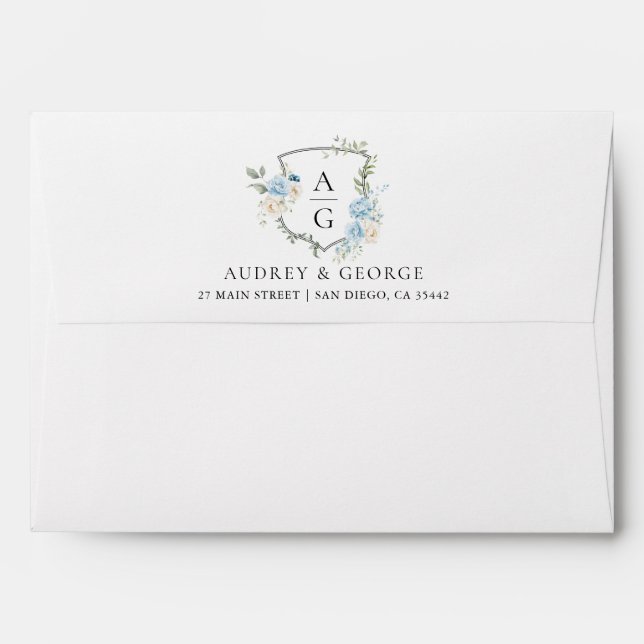 Elegant Dusty Blue Floral Monogram Crest Wedding Envelope (Back (Top Flap))