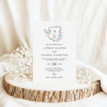 Elegant Dusty Blue Floral Monogram Crest Wedding