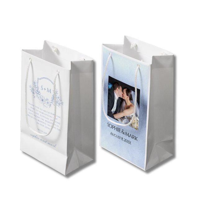 Elegant Dusty Blue Floral Monogram Crest Wedding Small Gift Bag (Creator Uploaded)