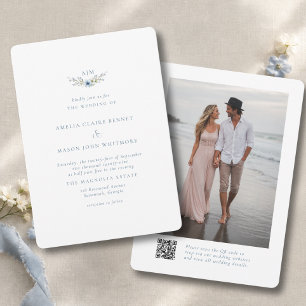 Elegant Dusty Blue Floral Monogram QR Code Invitation