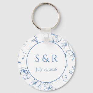 Elegant Dusty Blue Floral Monogram Wedding Favour Key Ring
