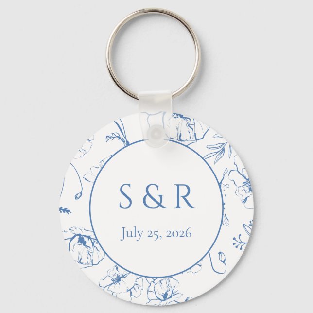 Elegant Dusty Blue Floral Monogram Wedding Favour Key Ring (Front)