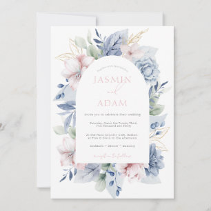 Elegant Dusty Blue Floral Monogram Wedding Invitation