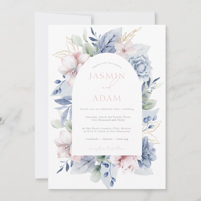 Elegant Dusty Blue Floral Monogram Wedding Invitation (Front)