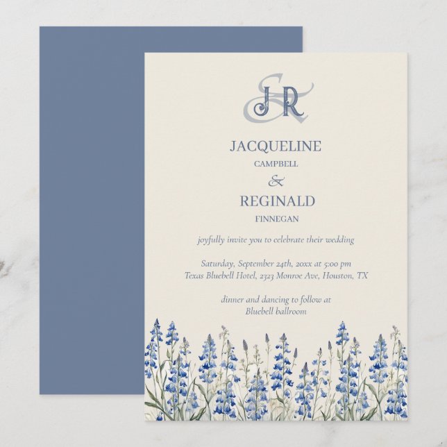 Elegant Dusty Blue Floral Monogram Wedding Invitation (Front/Back)