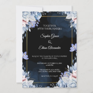 Elegant Dusty Blue Floral Navy Wedding Invitation