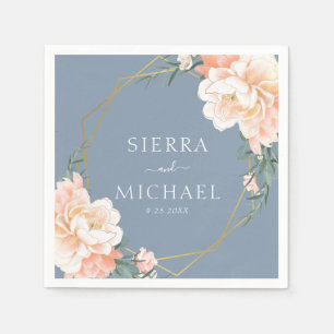 Elegant Dusty Blue Floral Peach Gold Wedding Napkin