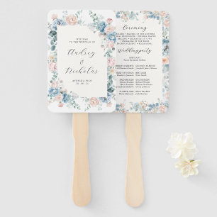 Elegant Dusty Blue Floral Peach Wedding Program Hand Fan