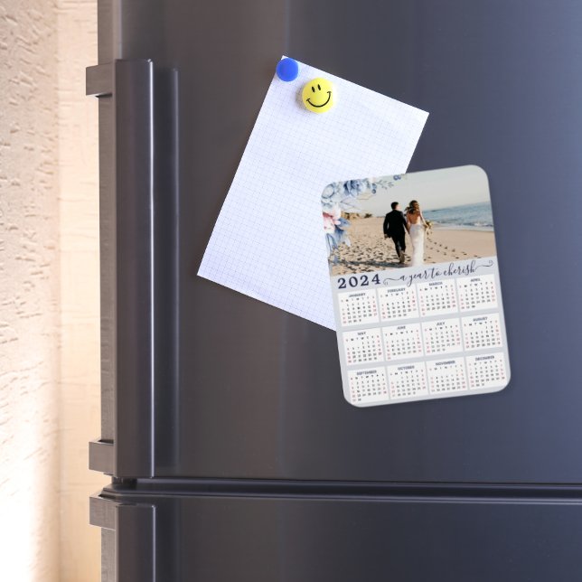 Elegant Dusty Blue Floral Photo 2024 Year Calendar Magnet (Creator Uploaded)