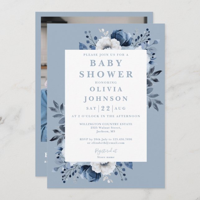 Elegant Dusty Blue Floral Photo QR Baby Shower Invitation (Front/Back)