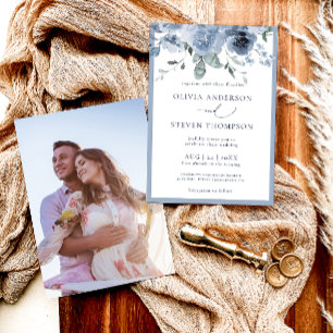 Elegant Dusty Blue Floral Photo Wedding Invitation
