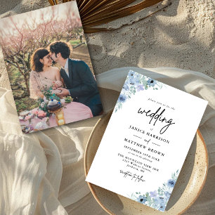 Elegant Dusty Blue Floral Photo Wedding Invitation
