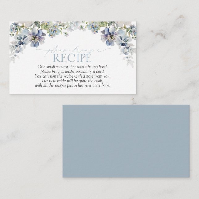 Elegant Dusty Blue Floral Please Bring A Recipe Enclosure Card (Front/Back)