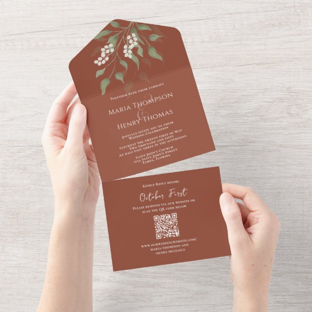 Elegant Dusty Blue Floral QR Code Wedding Budget All In One Invitation (Tearaway)