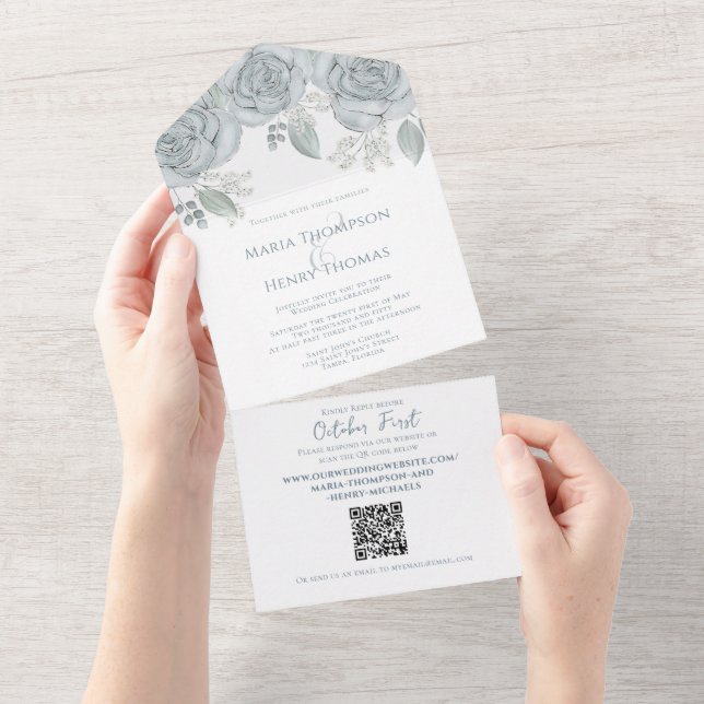 Elegant Dusty Blue Floral QR Code Wedding Budget All In One Invitation (Tearaway)