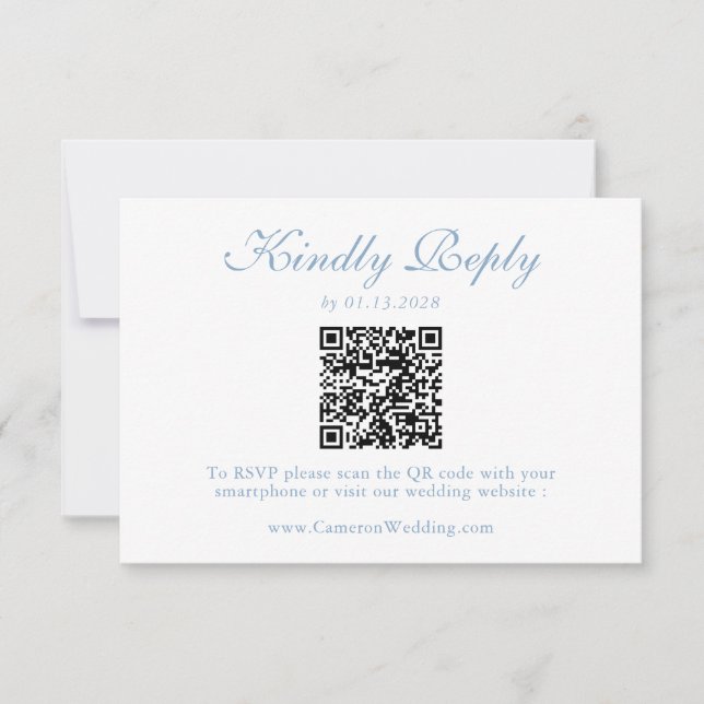Elegant Dusty Blue Floral QR Code Wedding RSVP  (Front)