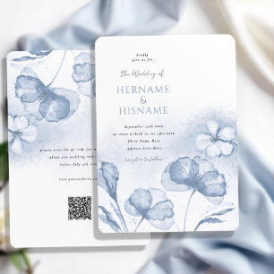 Elegant Dusty Blue Floral QR RSVP Wedding Invitation