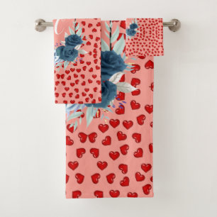 Elegant Dusty Blue Floral & Red Hearts Monogrammed Bath Towel Set