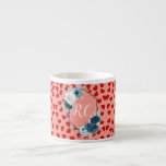 Elegant Dusty Blue Floral & Red Hearts Monogrammed Espresso Cup<br><div class="desc">Elevate your style with this sophisticated and romantic personalised design. Featuring a chic salmon-pink background adorned with a playful red heart pattern, this design is anchored by a modern black hexagonal frame. The frame is delicately draped with watercolor roses in shades of dusty blue, navy, and crisp white, encircling a...</div>