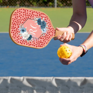 Elegant Dusty Blue Floral & Red Hearts Monogrammed Pickleball Paddle